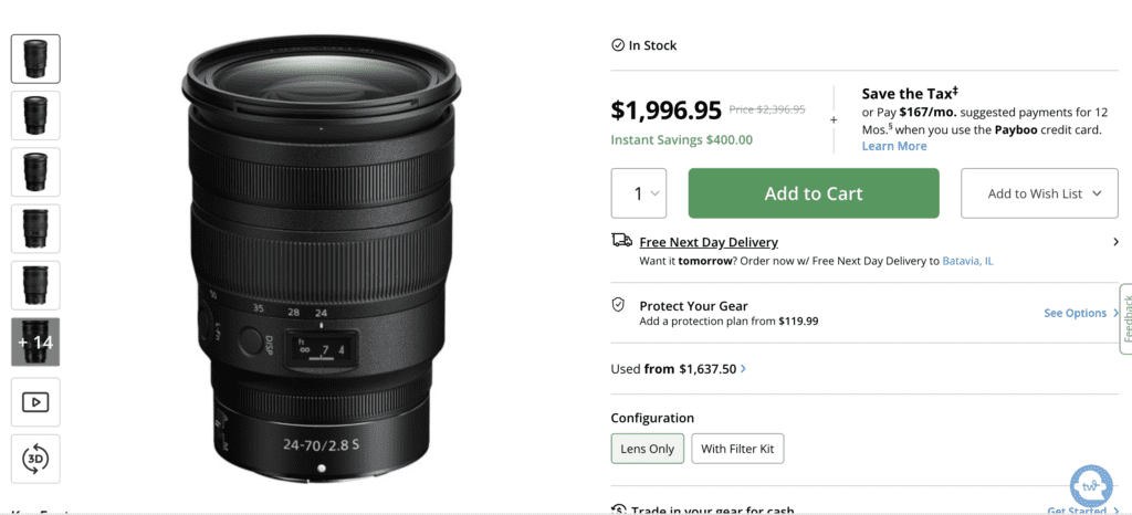 An image of a Nikon 24-70mm 2.8 Lens on B and H Photo Website